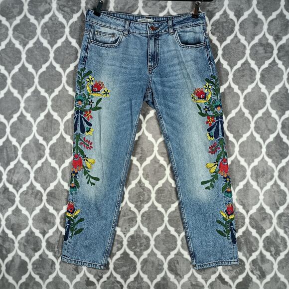 Zara Basic Denim Jeans Women 6 Blue Light Wash Floral Embroidered Boho Cottage - Picture 1 of 13